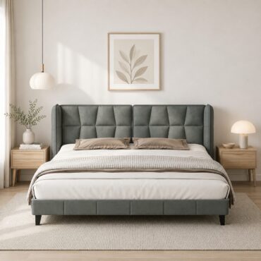 Cama doble Herning 180 x 200 cm – Terciopelo gris con cabecero acolchado