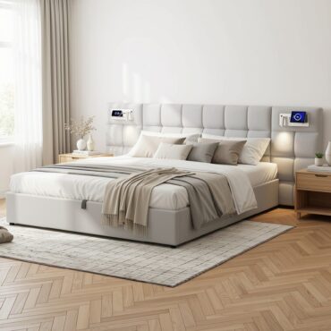 Cama doble Taastrup de 180 x 200 cm con espacio de almacenamiento, iluminación LED y USB-C