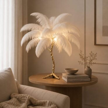 Amèlie Table Lamp – Ostrich Feather Lamp with Copper Base