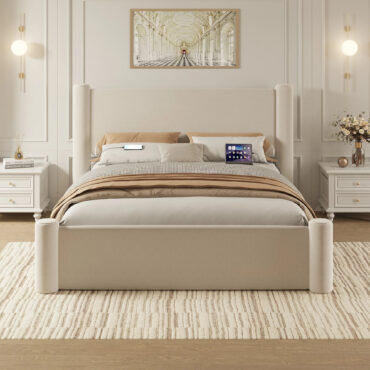 Cama Roskilde de 160 x 200 cm con espacio de almacenamiento – Terciopelo beige