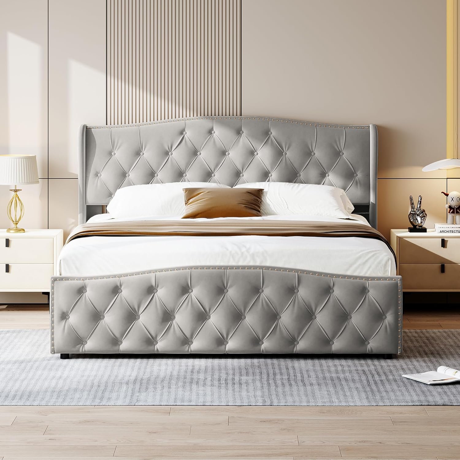 Vejle Velvet Double Bed 160 x 200 cm with Storage - Grey - Image 5